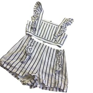 Medium English Factory Blue White Striped Ruffle Crop Top and Shorts